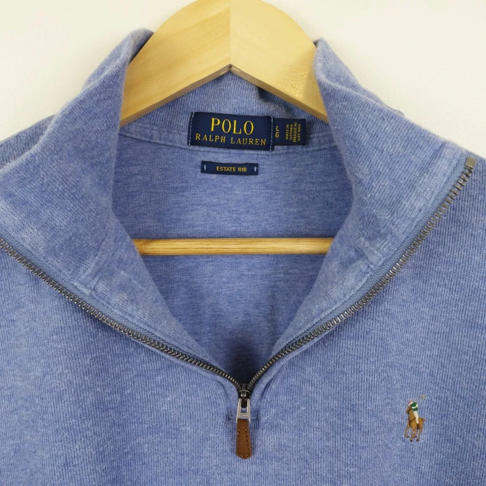 Polo Ralph Lauren Estate-Rib Quarter-Zip Blue Heather Pullover Sweater Men Large